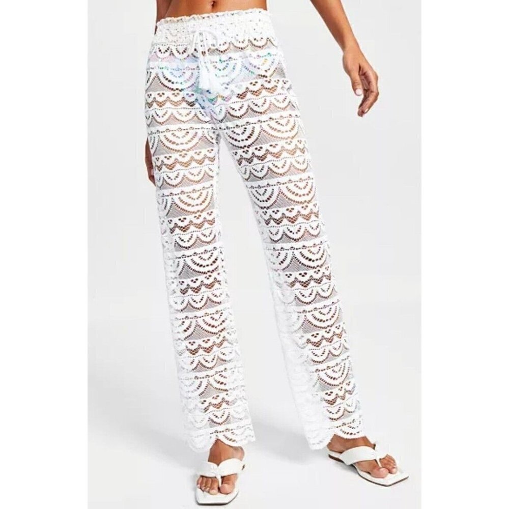 MIKEN Juniors' Scallop Hem Pants with Tassel Tie-White Large. NWT $34